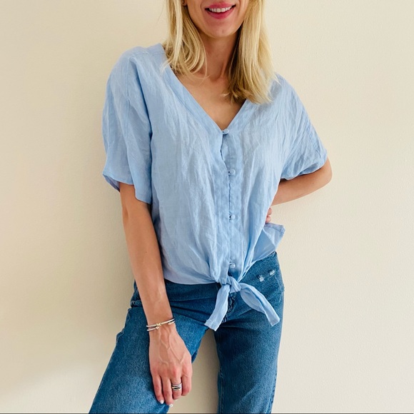 New Vince Camuto Linen Tie Waist Button Up Top - Picture 1 of 7